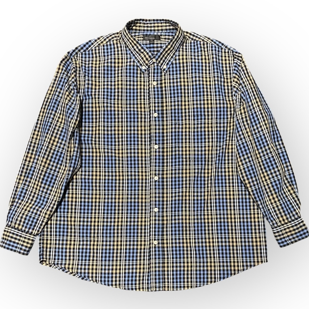 Marc Edwards Men’s Button Up Shirt Blue Yellow Black Plaid Size XXL